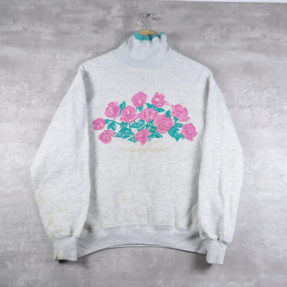 Vintage Gopher Sport Sweatshirt Boxy Grey Pink Floral Roses Womens Medium